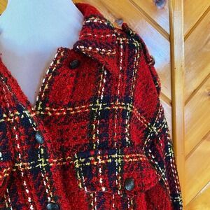 ZARA Plaid Tweed Jacket Red Black Fringe Shacket Textured Bright Boucle